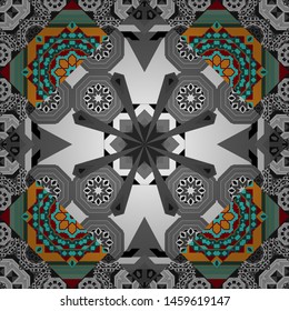 Geometric kaleidoscope mandala. Vector background - symmetric seamless pattern design in gray, green and blue tones.