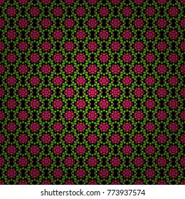 Geometric kaleidoscope mandala. Vector background - symmetric seamless pattern design in magenta, black and green tones.