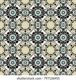 Geometric kaleidoscope mandala. Vector background - symmetric seamless pattern design in gray, black and beige tones.