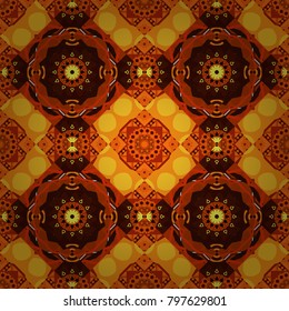 Geometric kaleidoscope mandala. Vector background - symmetric seamless pattern design in orange, yellow and brown tones.