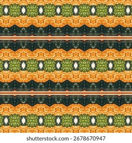 Patrón de caleidoscopio geométrico en tonos naranjas y verdes. Textura Abstractas ideal para textiles, Fondo de pantalla y diseño decorativo sin costuras.