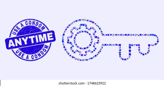 Geometrisches Mosaik-Symbol für die Tastenkombination und Verwenden eines Condom-Jederzeit-Siegel. Blauer, abgerundeter, kratzter Robbenstempel mit Verwendung eines Kondom-Jederzeit Text. Abstraktes Konzept des Schlüsselgeräts, das aus Kreis gebaut ist,