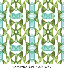 Geometric kilim ikat pattern with grunge texture green with turquoise on white background,