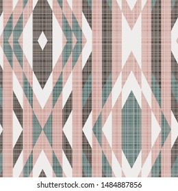 Geometric kilim seamless repeat vector pattern with burlap texture.  Rug inspired design from a grid.  Pink, green, and brown.  Shapes like a tile or mosaic.