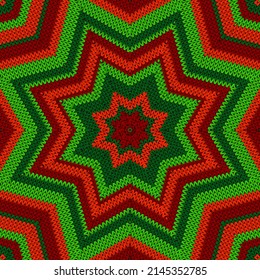 Geometric knitted ornament seamless pattern vector design for textile print. Fabric knitwear cloth pattern design. Handmade fashion, cashemere textile. Knitted or crochet ornament closeup in red green