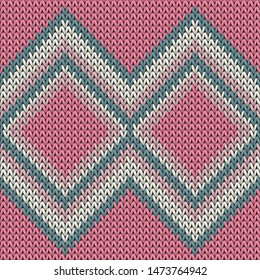 Geometric knitted seamless pattern vector design. Pink ray white winter jumper knitwear fabric print. Fairisle knitted seamless pattern in traditional christmas style.