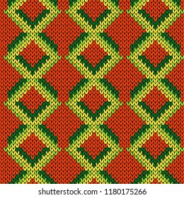 Geometric knitted seamless pattern in yellow, orange and green colors, vector as a fabric texture