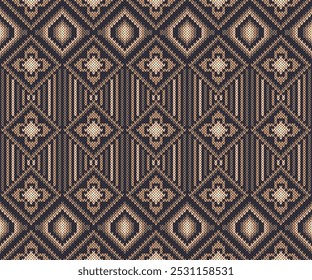 Geometric knitting art. Oriental knitwear fabric print. Winter seamless pattern design fabric, clothing, printing, wallpaper, carpet, decorative, background. Vector Illustration.