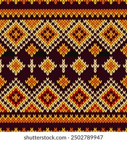 Geometric knitting Pattern Fabric. Cozy warm color Tribe pattern. Vector Illustration Background for Textile Print Design.