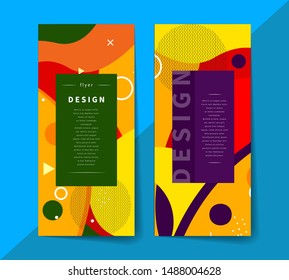 Geometric label, abstract background in memphis style, fashion vertical frame, template for invitation, advertising flyer. Vector illustration