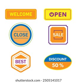 Geometric labels are a set of many colors, many styles and sizes. with text in the middle on a white background
Design for stickers, discounts, business.