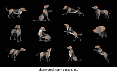 geometric labrador dog design vector set, combined black, grey  and little bit orange  color in black background. change able color and work well in both dark and light background