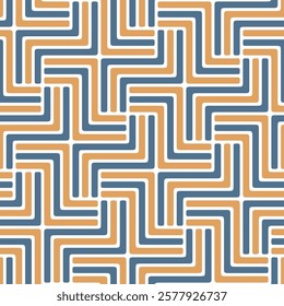 Geometric labyrinth composition with thick and bold blue and yellow lines on a white background. Modern style design. Seamless repeating pattern. Abstract vector illustration.