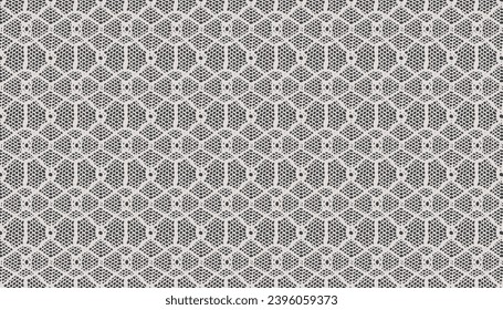 
Geometric lace fabric composed of diamonds, circles, and hexagons.