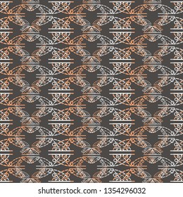 Geometric lace leaf texture in orange, white, taupe and grey. Vector illustration with solid and dotted lines, rectangles and lacy semi circles.