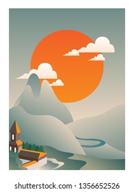Geometric landscape background design ,mountain house sunset vector illustration.