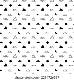 Geometric Landscape Seamless Pattern. Abstract Nature Vector Black and White Background. Mountains, Clouds, Sun, Moon and Sea Waves