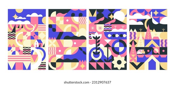 Geometric landscapes, vertical posters set. Nature, agriculture, flowers, trees stylized in abstract geometry-shaped pattern. Modern cover and cards designs. Colored flat vector illustrations