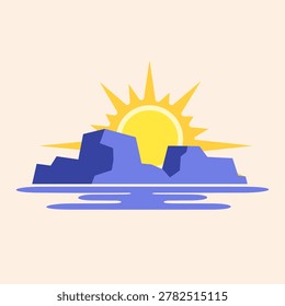 Geometric layered blue rocks and cliffs on the sea coast with sun vector illustration