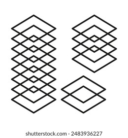 Geometric layers vector. Black and white. Stacked diamond shapes. Abstract 3D design.