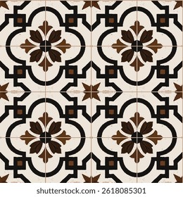 geometric layout is composed of four separate square tiles. In the center of each tile, brown and black motifs resembling floral forms stand out