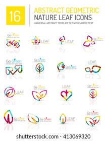 Geometric leaf icon set. Thin line geometric flat style symbols or logotypes. Nature green environmental concept, new life idea in various color variations. Eco love heart 