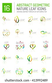 Geometric leaf icon set. Thin line geometric flat style symbols or logotypes. Nature green environmental concept, new life idea in various color variations. Eco love heart 