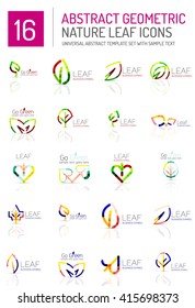 Geometric leaf icon set. Thin line geometric flat style symbols or logotypes. Nature green environmental concept, new life idea in various color variations. Eco love heart 