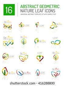 Geometric leaf icon set. Thin line geometric flat style symbols or logotypes. Nature green environmental concept, new life idea in various color variations. Eco love heart 