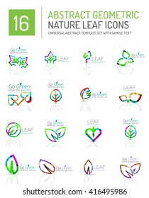 Geometric leaf icon set. Thin line geometric flat style symbols or logotypes. Nature green environmental concept, new life idea in various color variations. Eco love heart 