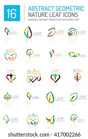 Geometric leaf icon set. Thin line geometric flat style symbols or logotypes. Nature green environmental concept, new life idea in various color variations. Eco love heart 