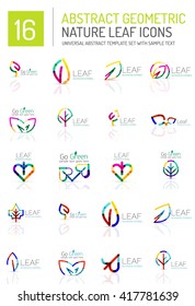 Geometric leaf icon set. Thin line geometric flat style symbols or logotypes. Nature green environmental concept, new life idea in various color variations. Eco love heart 