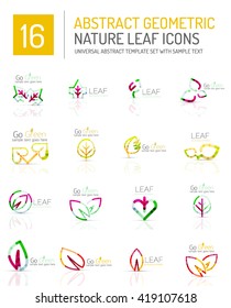 Geometric leaf icon set. Thin line geometric flat style symbols or logotypes. Nature green environmental concept, new life idea in various color variations. Eco love heart 