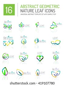 Geometric leaf icon set. Thin line geometric flat style symbols or logotypes. Nature green environmental concept, new life idea in various color variations. Eco love heart 