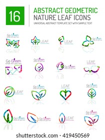 Geometric leaf icon set. Thin line geometric flat style symbols or logotypes. Nature green environmental concept, new life idea in various color variations. Eco love heart 