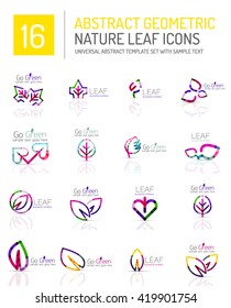 Geometric leaf icon set. Thin line geometric flat style symbols or logotypes. Nature green environmental concept, new life idea in various color variations. Eco love heart 