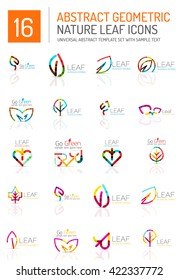 Geometric leaf icon set. Thin line geometric flat style symbols or logotypes. Nature green environmental concept, new life idea in various color variations. Eco love heart 