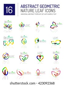 Conjunto de ícones de folha geométrica. Símbolos ou logotipos de estilo plano geométrico de linha fina. Natureza verde conceito ambiental, nova ideia de vida em várias variações de cor. Eco amor coração 
