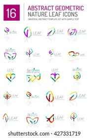 Geometric leaf icon set. Thin line geometric flat style symbols or logotypes. Nature green environmental concept, new life idea in various color variations. Eco love heart 