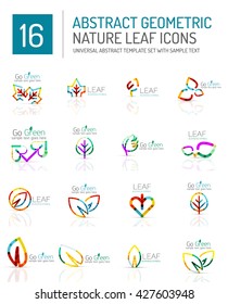Juego de iconos de hoja geométrica. Símbolos de estilo plano geométrico delgado de línea. Concepto ambiental verde natural, nueva idea de vida en diversas variaciones de color. Corazón de amor ecológico 