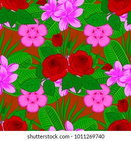 Geometric leaf ornament. Cute vector background. Graphic modern pattern. Seamless abstract floral pattern in pink, red and green colors. Seamless pattern with rose flowers and green leaves.