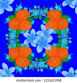Geometric leaf ornament. Cute vector background. Seamless abstract floral pattern in green, blue and orange colors. Seamless pattern with rose flowers and green leaves. Graphic modern pattern.