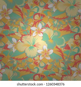 Geometric leaf ornament. Cute vector background. Seamless pattern with hibiscus flowers. Graphic modern pattern. Seamless abstract floral pattern in yellow, green and beige colors.
