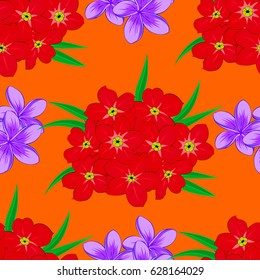 Geometric leaf ornament. Cute vector background. Seamless pattern with plumeria flowers. Graphic modern pattern. Seamless abstract floral pattern on a orange background.
