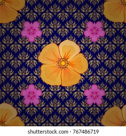 Geometric leaf ornament. Cute vector background. Graphic modern pattern. Seamless abstract floral pattern in yellow, orange and blue colors. Seamless pattern with cosmos flowers.