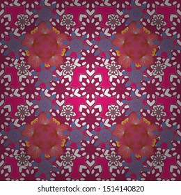 Geometric leaf ornament. Graphic modern pattern. Seamless abstract floral pattern in purple, pink and white colors. Cute vector background.