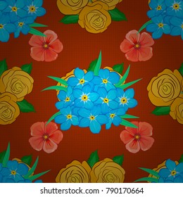 Geometric leaf ornament. Graphic modern pattern. Cute vector background. Seamless pattern with primrose flowers. Seamless abstract floral pattern in orange, blue and yellow colors.