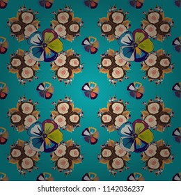 Geometric leaf ornament. Seamless abstract floral pattern in brown, blue and beige colors. Cute vector background. Graphic modern pattern.