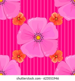 Geometric leaf ornament. Seamless abstract floral pattern on a magenta background. Cute vector background. Graphic modern pattern. Seamless pattern with cosmos flowers.