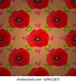 Geometric leaf ornament. Seamless pattern with poppy flowers. Seamless abstract floral pattern on a brown background. Graphic modern pattern. Cute vector background.